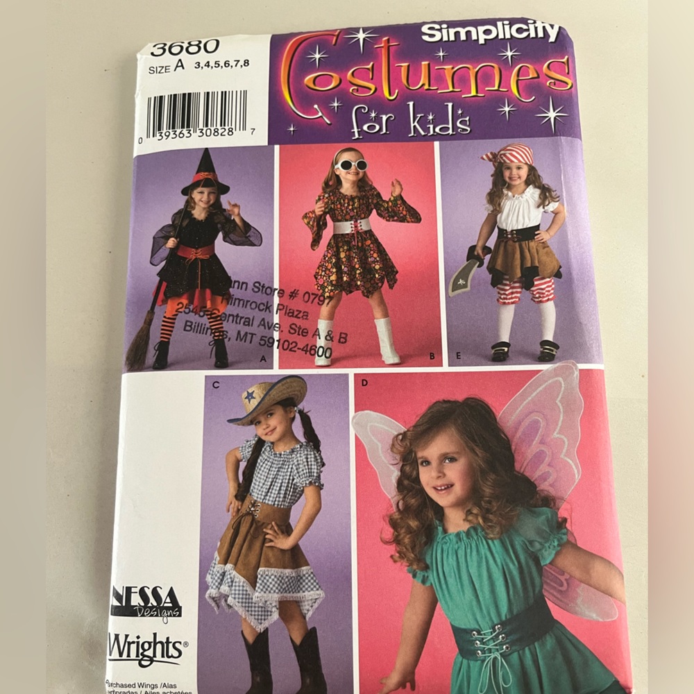 Simplicity 3680 Uncut Sewing Pattern Cowgirl Pirate Witch Fairy Costume for Kids